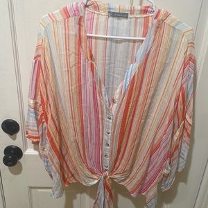 Short sleeved, button up, tie front shirt - bright colored stripes—- worn once